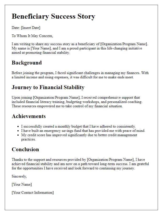 Letter template of a beneficiary success story outlining financial stability.