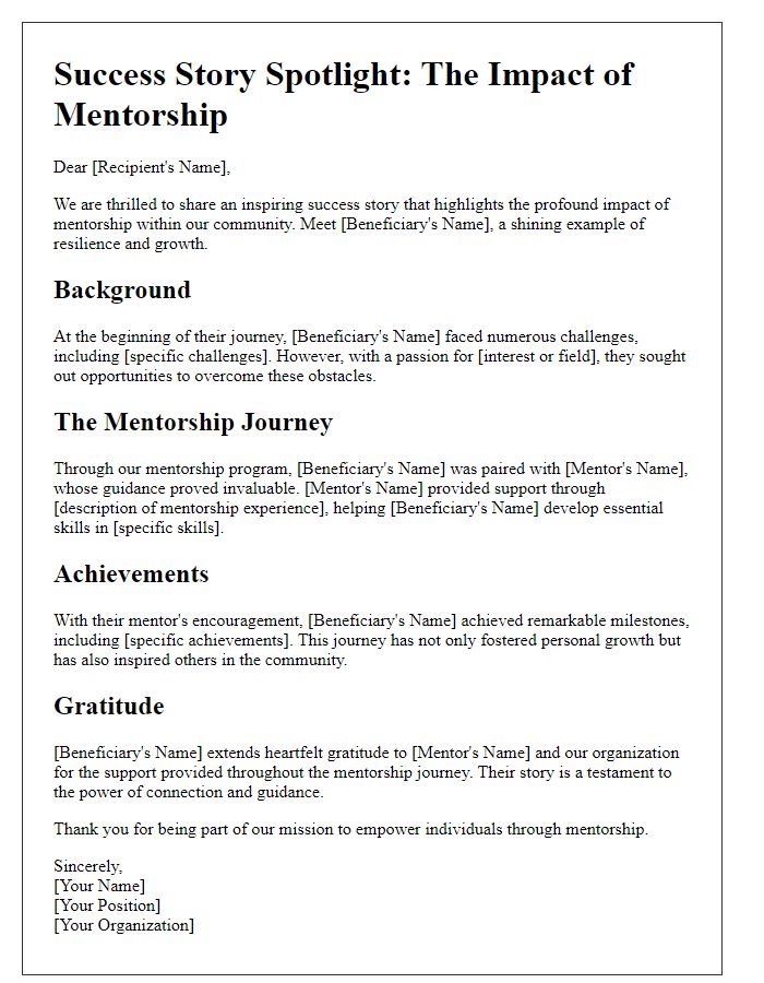 Letter template of a beneficiary success story spotlighting mentorship journeys.