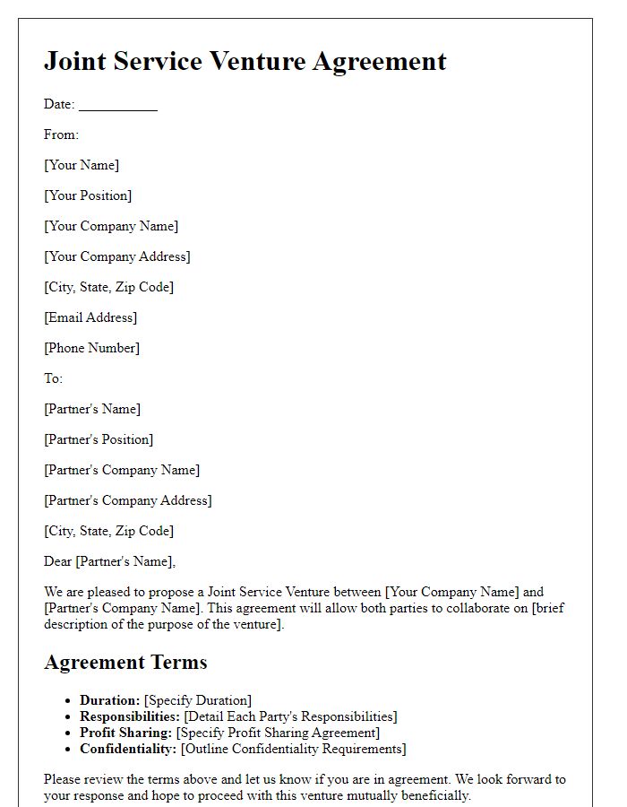 Letter template of Joint Service Venture Agreement