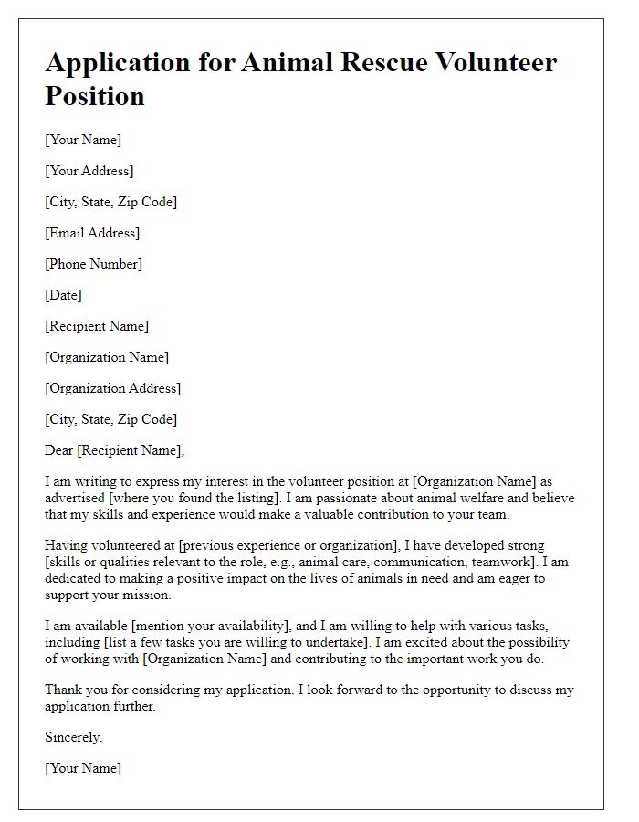 Letter template of application for animal rescue volunteer position