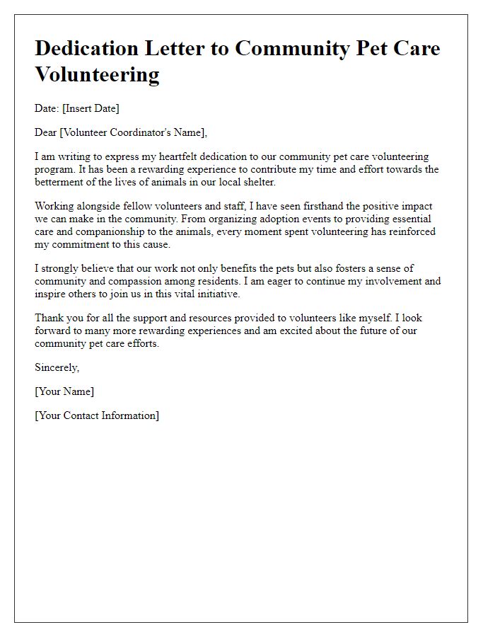 Letter template of dedication to community pet care volunteering