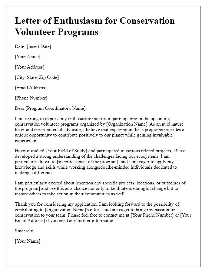 Letter template of enthusiasm for participating in conservation volunteer programs