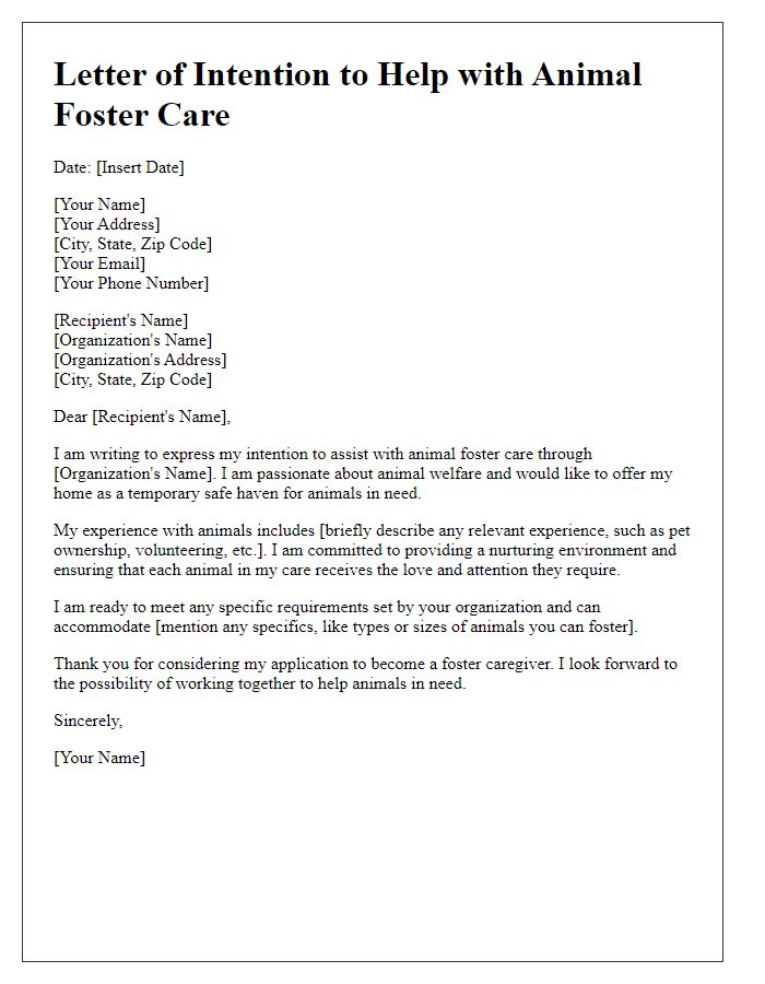 Letter template of intention to help with animal foster care