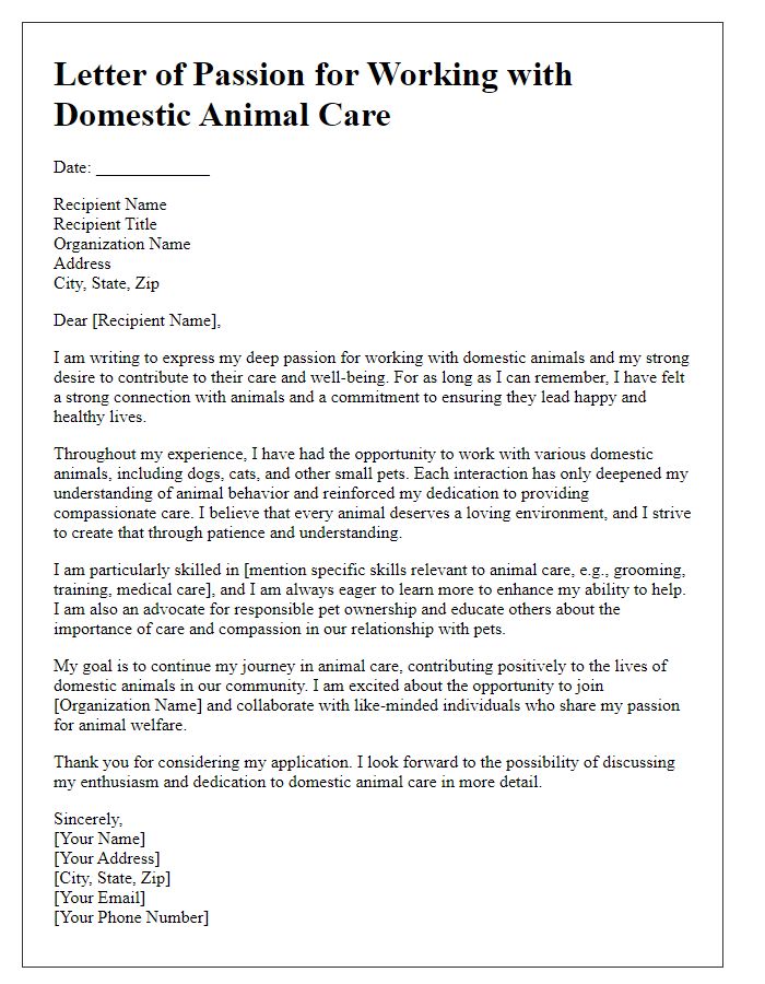 Letter template of passion for working with domestic animal care