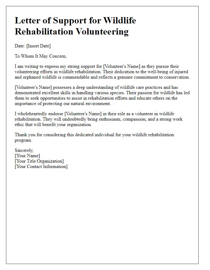 Letter template of support for wildlife rehabilitation volunteering