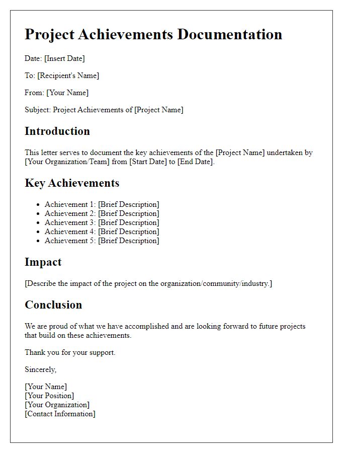 Letter template of project achievements documentation