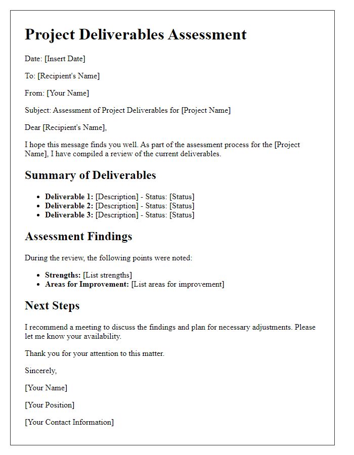 Letter template of project deliverables assessment