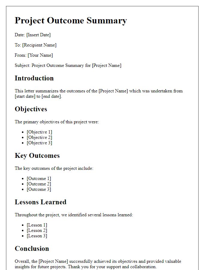 Letter template of project outcome summary