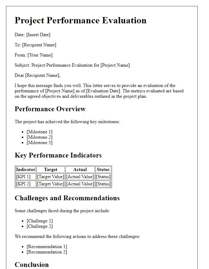 Letter template of project performance evaluation