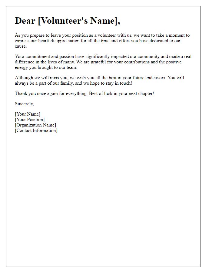 Letter template of volunteer departure appreciation note