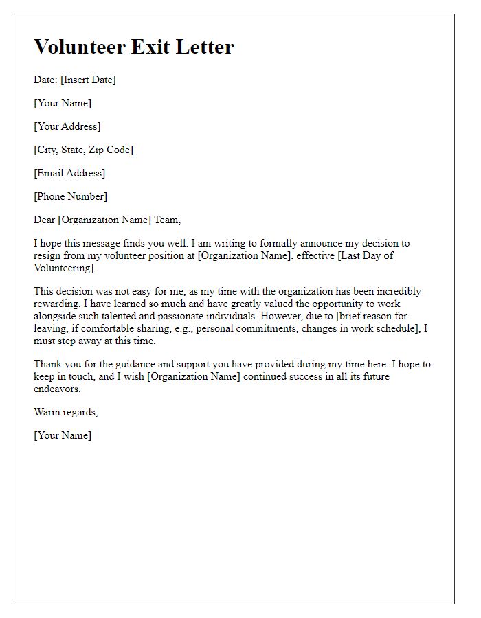 Letter template of volunteer exit letter