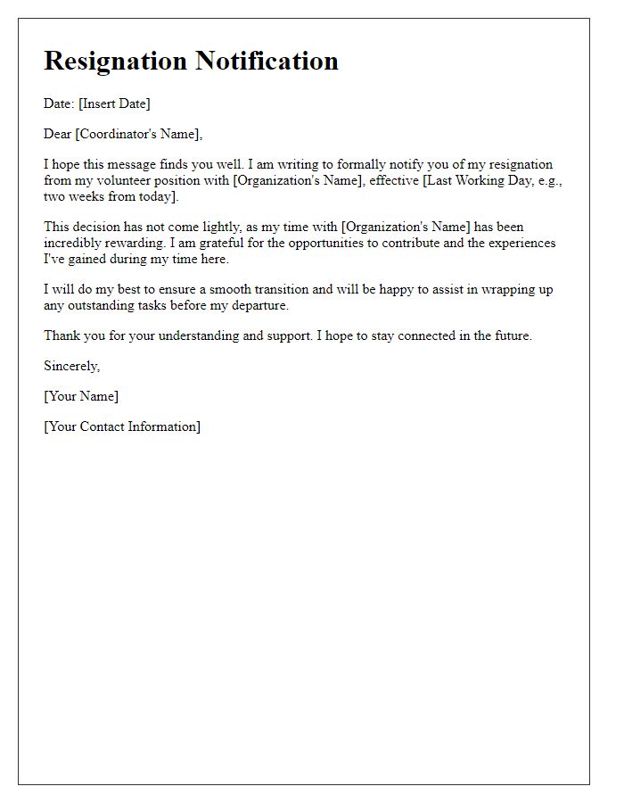 Letter template of volunteer resignation notification