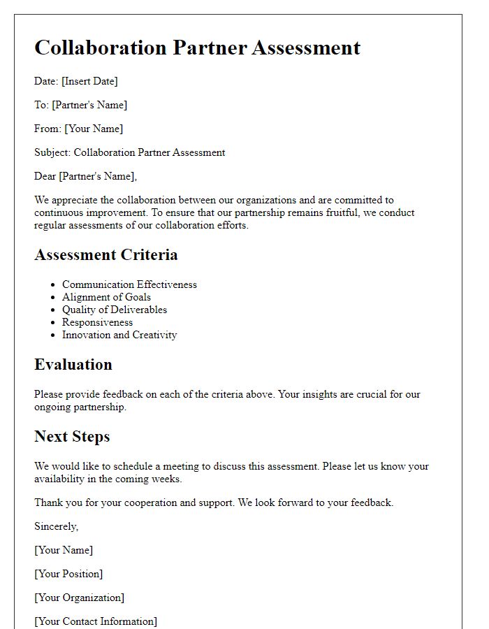 Letter template of collaboration partner assessment