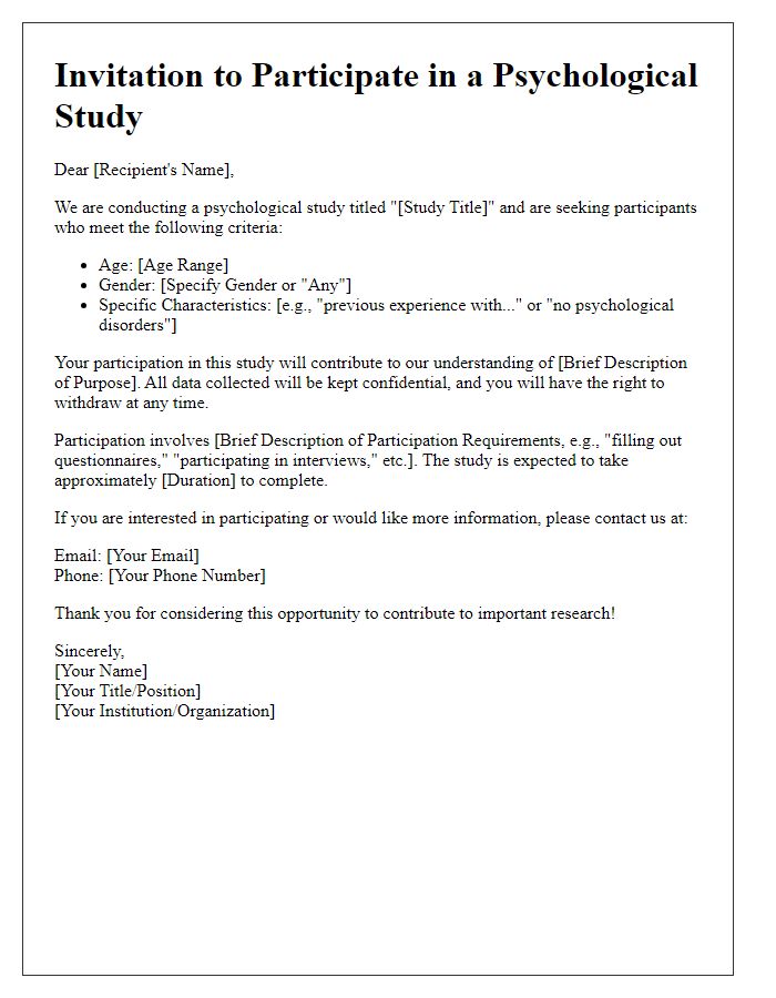 Letter template of notice for recruiting subjects in psychological study