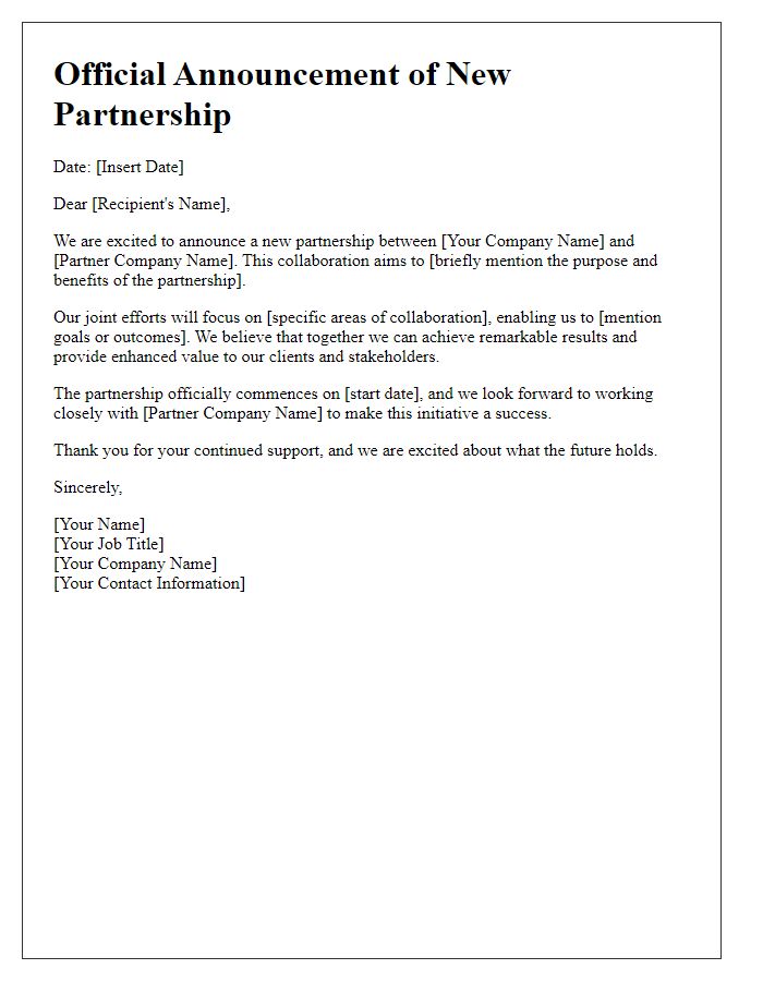 Letter template of official new partnership announcement