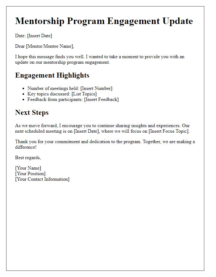 Letter template of mentorship program engagement update