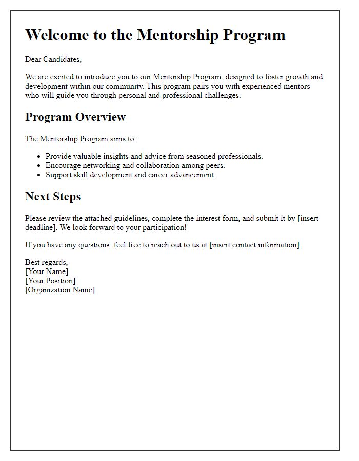 Letter template of mentorship program introduction to candidates