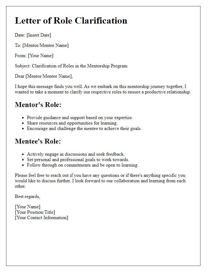 Letter template of mentorship program role clarification