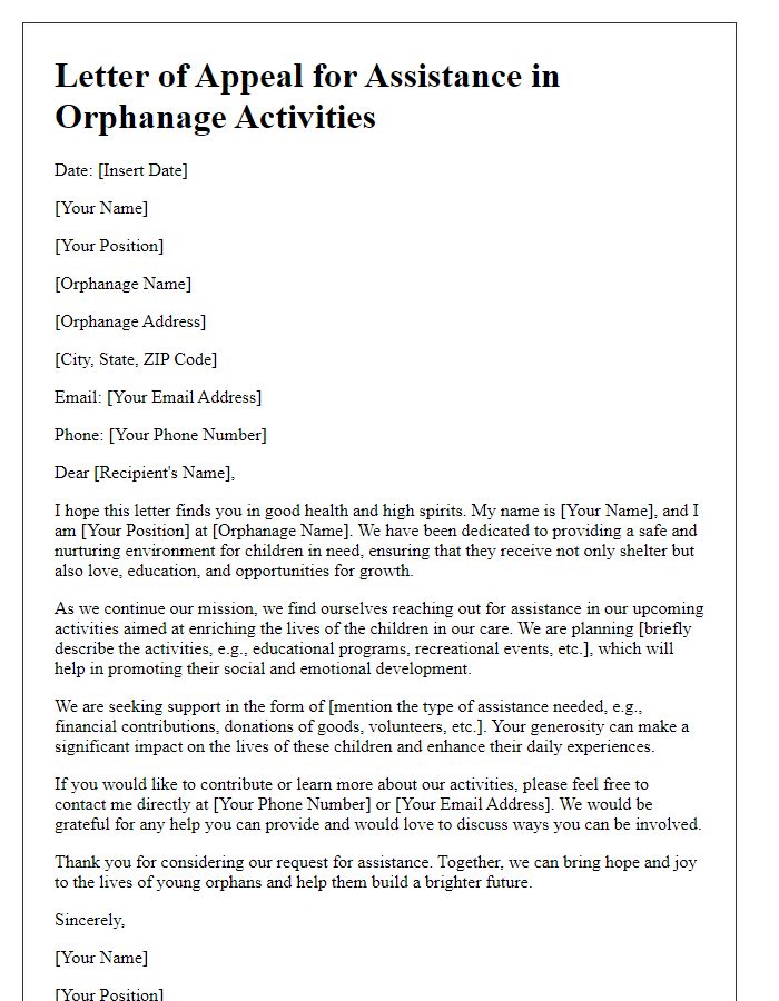 Letter template of appeal for assistance in orphanage activities.