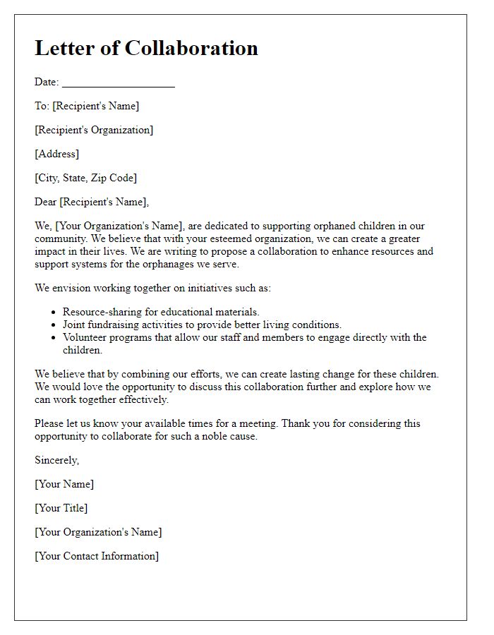 Letter template of organization collaboration for orphanage support.