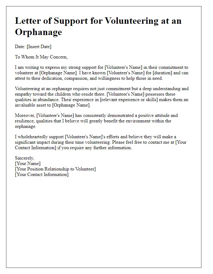 Letter template of support for volunteering at an orphanage.