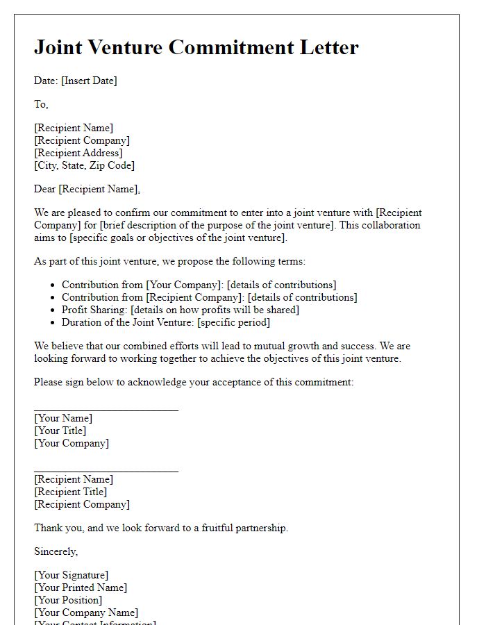 Letter template of joint venture commitment