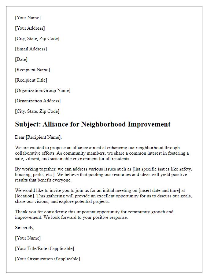 Letter template of alliance for neighborhood improvement