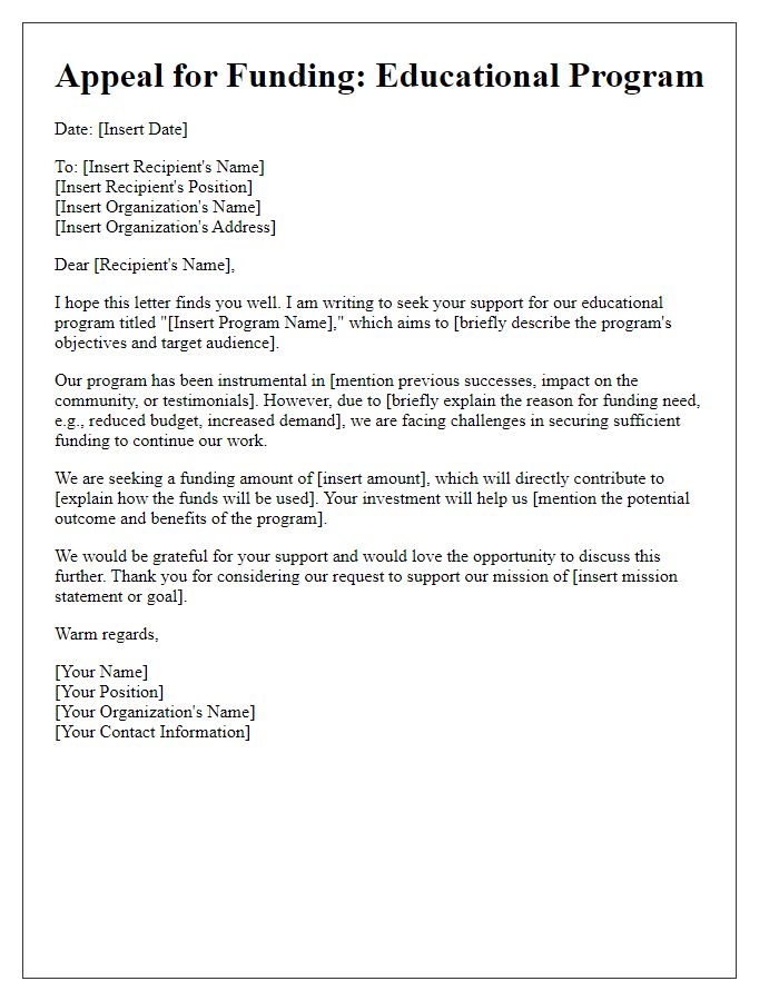 Letter template of appeal for funding for educational program.