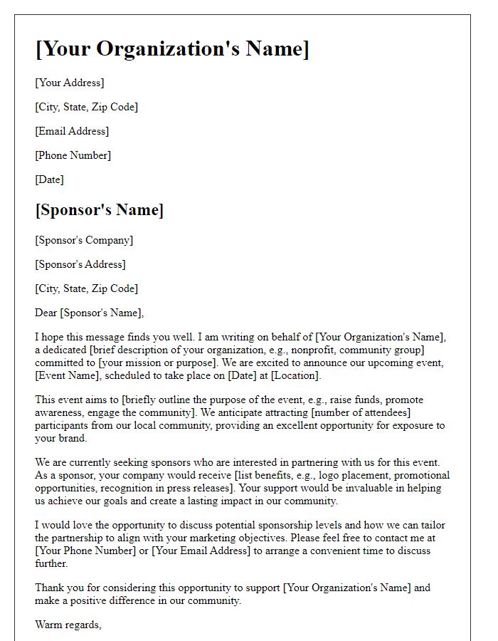 Letter template of inquiry for sponsorship for local event.