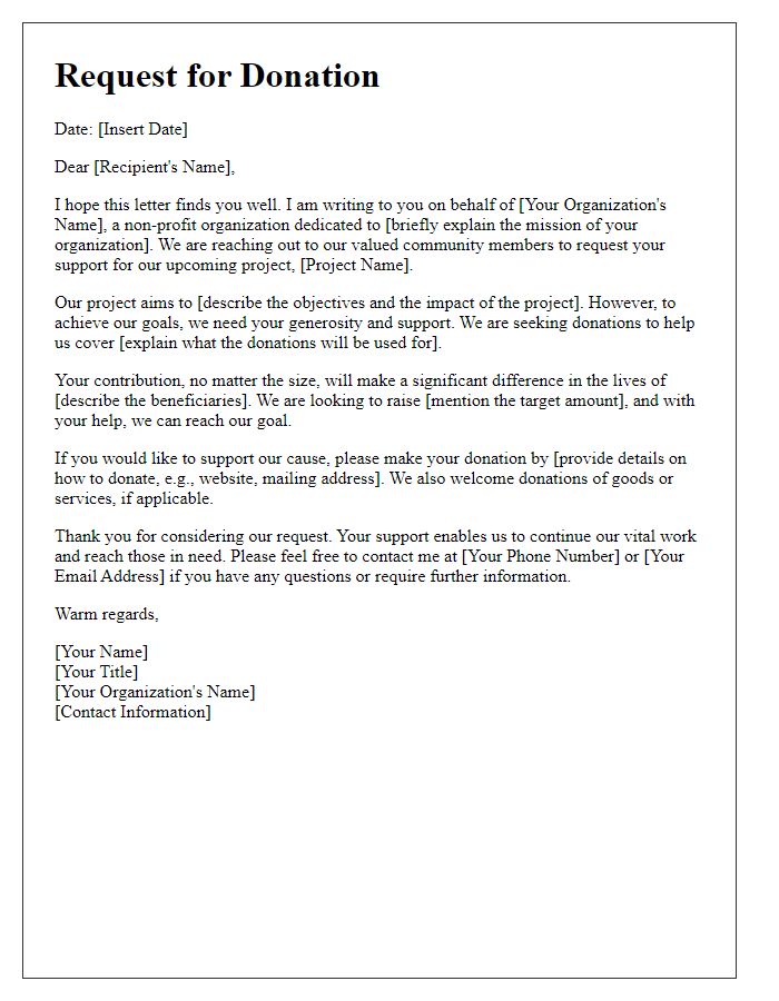 Letter template of request for donations for charitable cause.