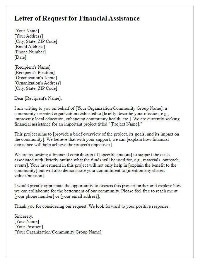 Letter template of request for financial assistance for community project.