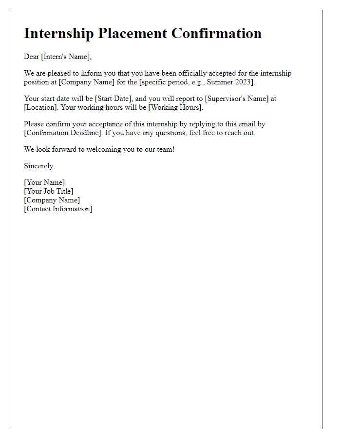 Letter template of internship placement confirmation