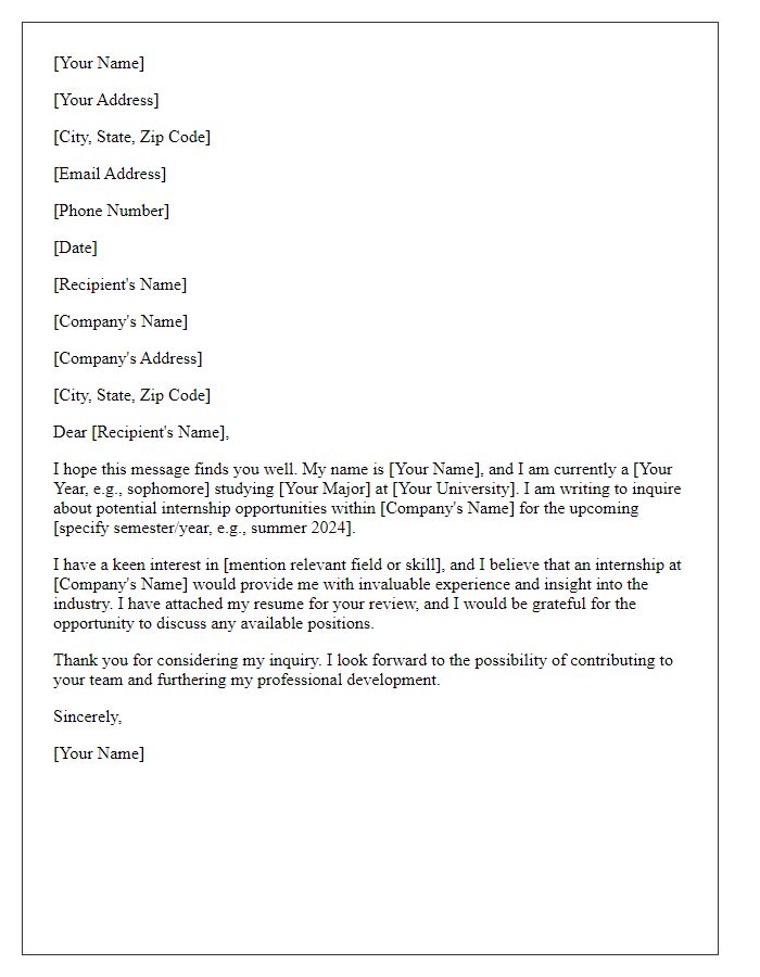 Letter template of internship placement inquiry