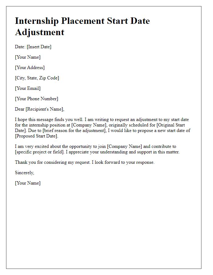 Letter template of internship placement start date adjustment