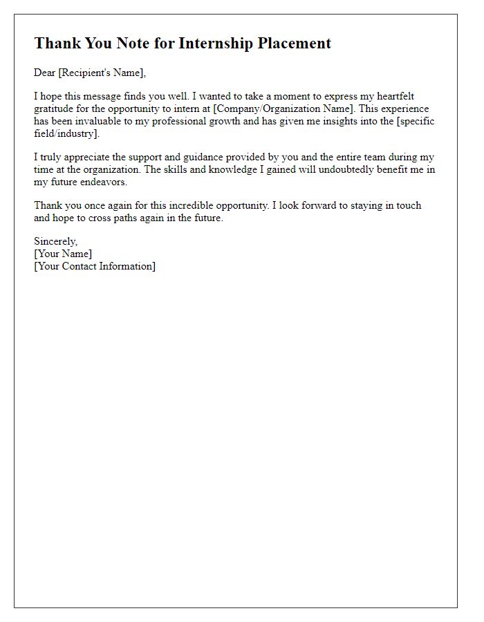 Letter template of internship placement thank you note