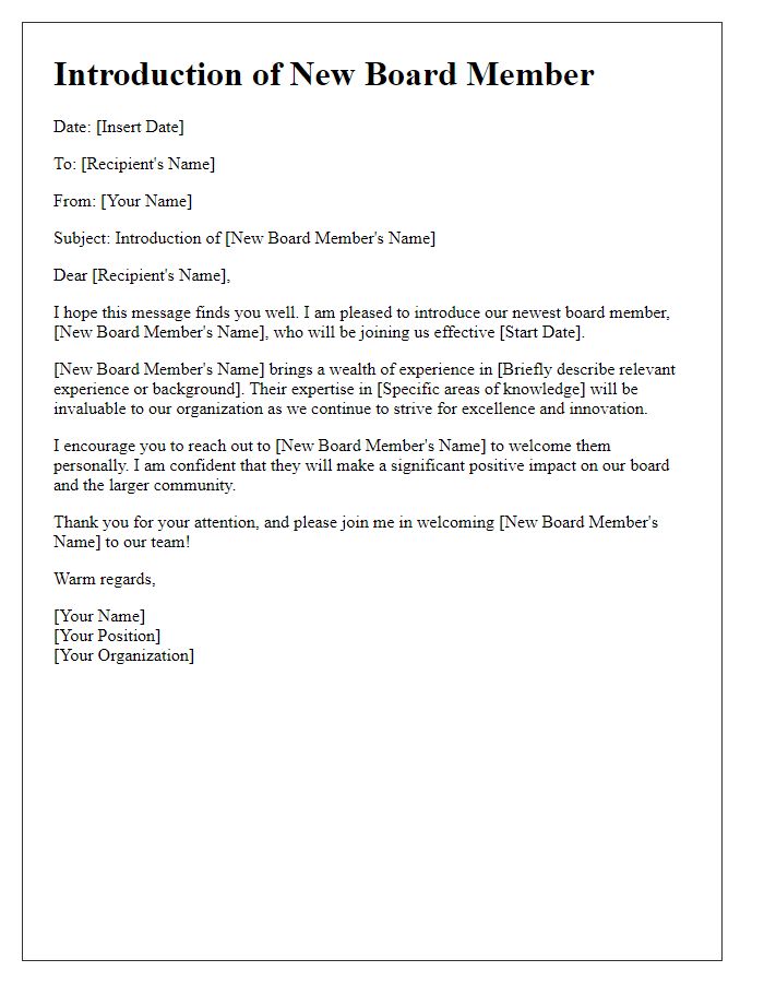 Letter template of introduction for an incoming board member