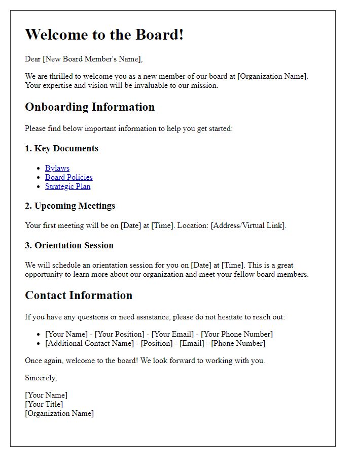 Letter template of onboarding information for new board member