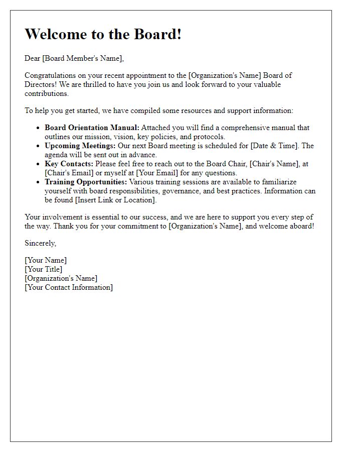 Letter template of support and resources for newly appointed board member