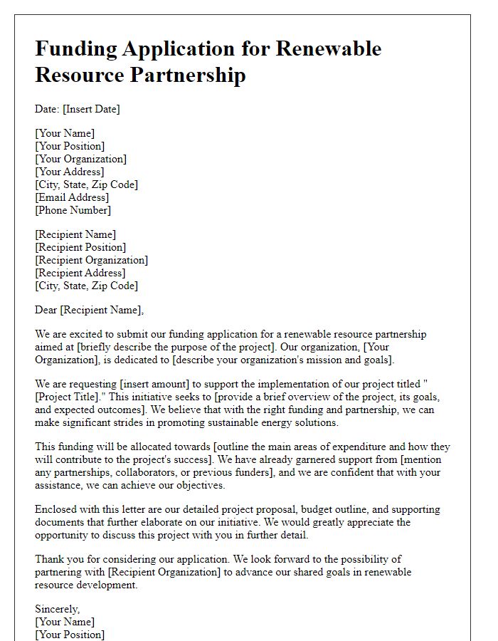 Letter template of funding application for renewable resource partnership