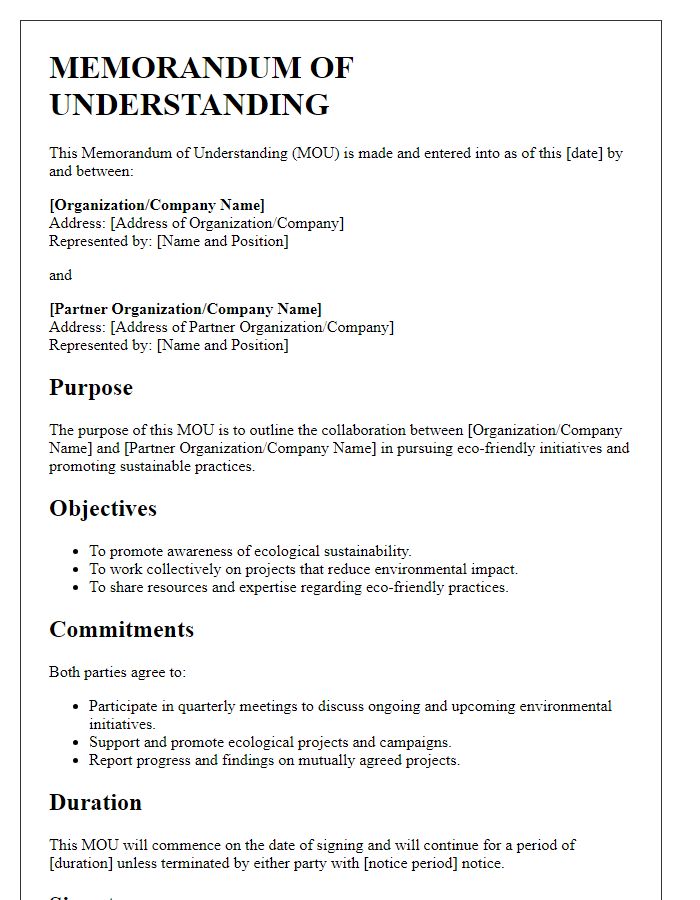 Letter template of memorandum of understanding for eco-friendly initiative