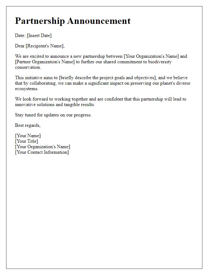 Letter template of partnership announcement for biodiversity project