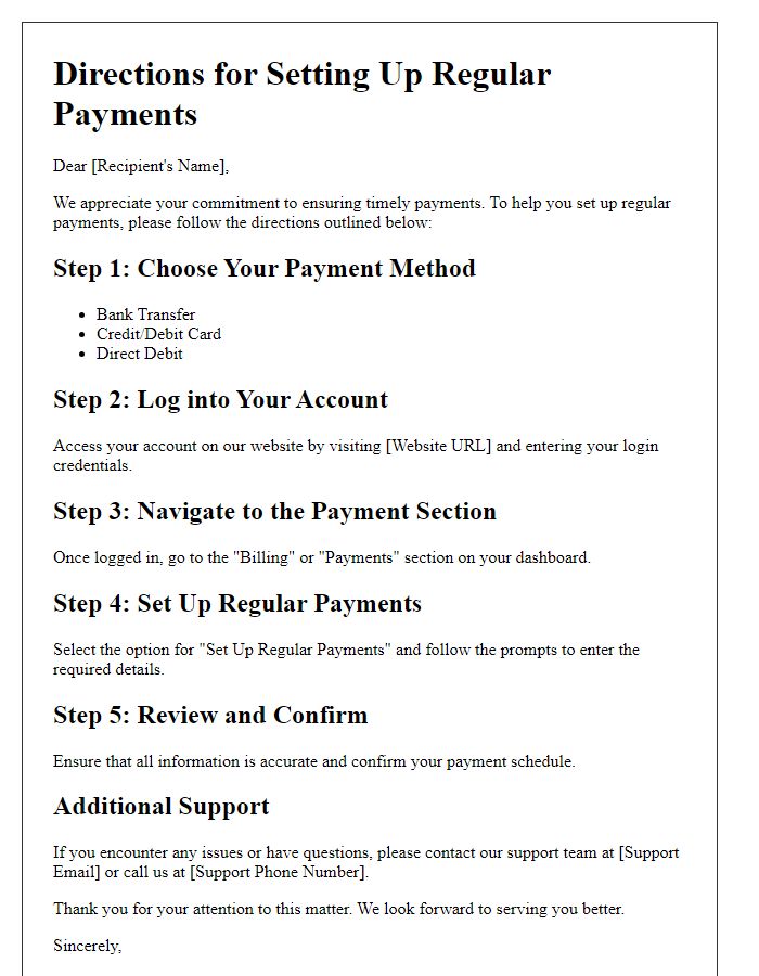 Letter template of Directions for Setting Up Regular Payments