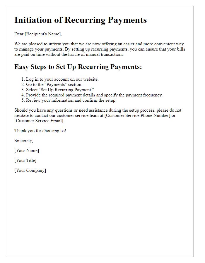 Letter template of Easy Steps to Initiate Recurring Payments