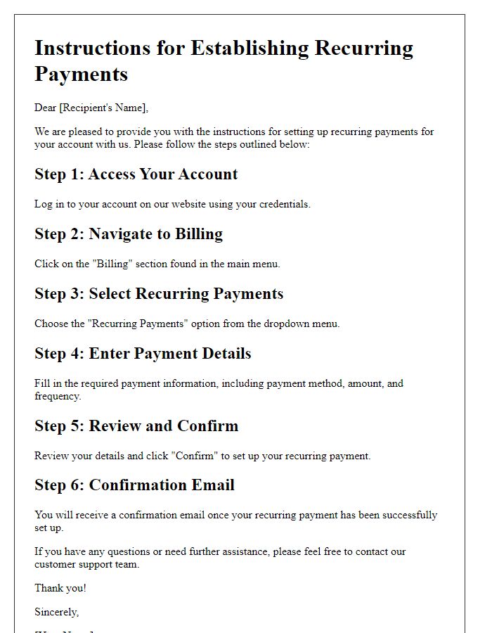 Letter template of Instructions for Establishing Recurring Payments