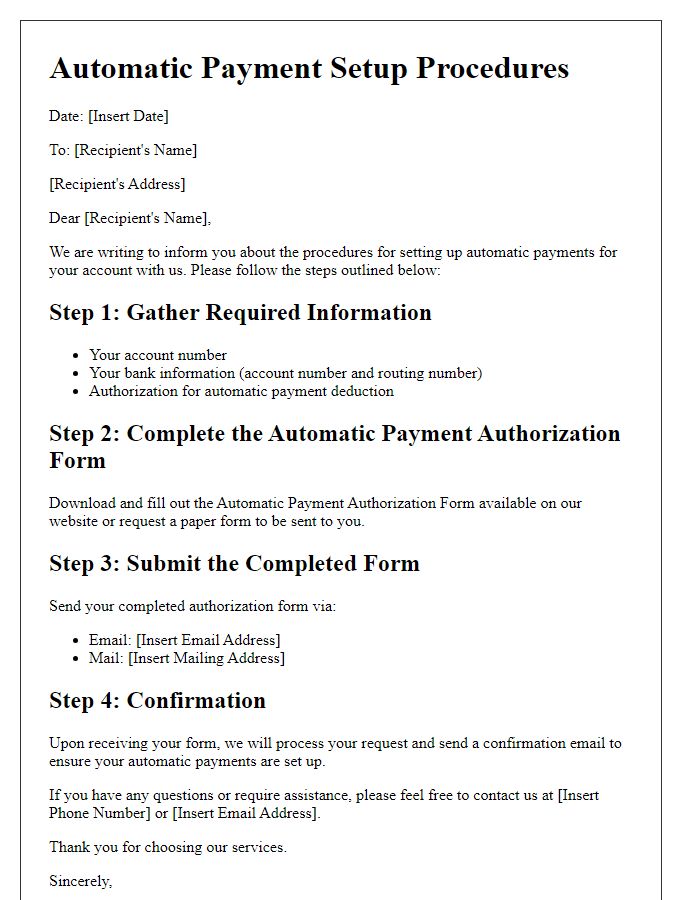 Letter template of Procedures for Automatic Payment Setup