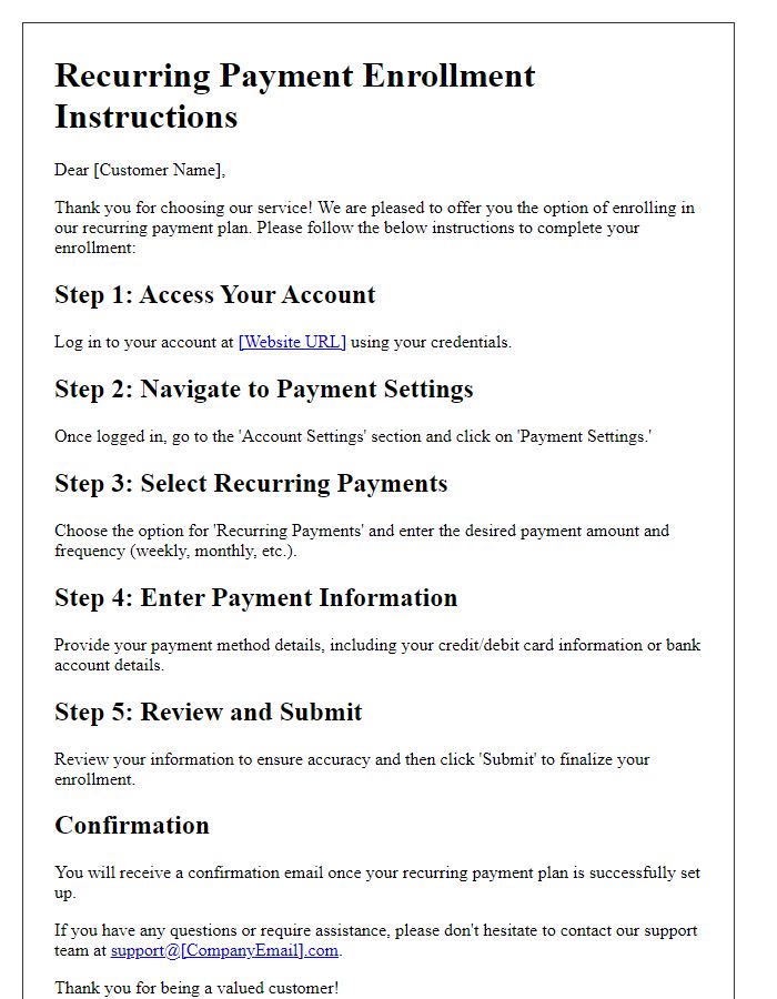 Letter template of Recurring Payment Enrollment Instructions