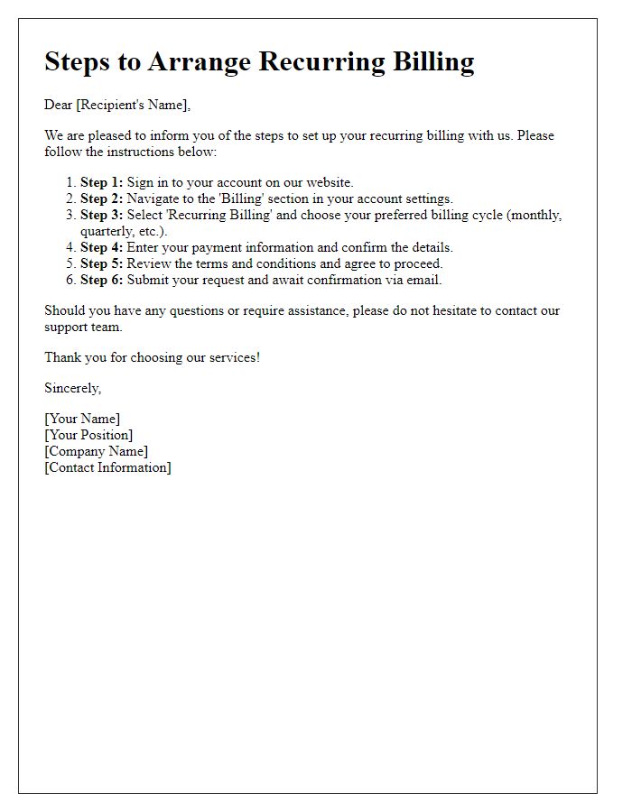 Letter template of Steps to Arrange Recurring Billing