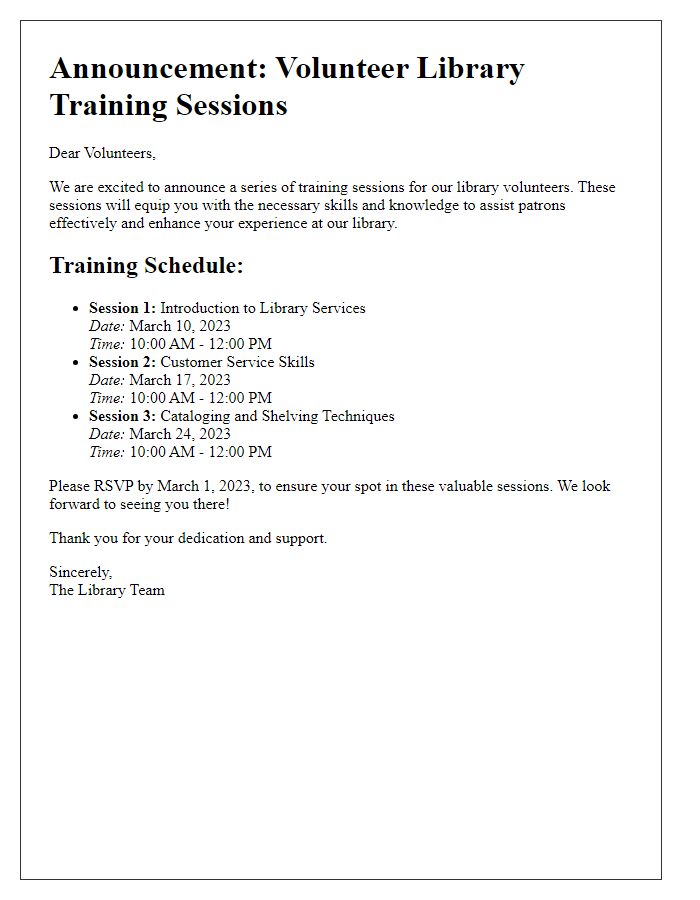 Letter template of announcement for volunteer library training sessions.