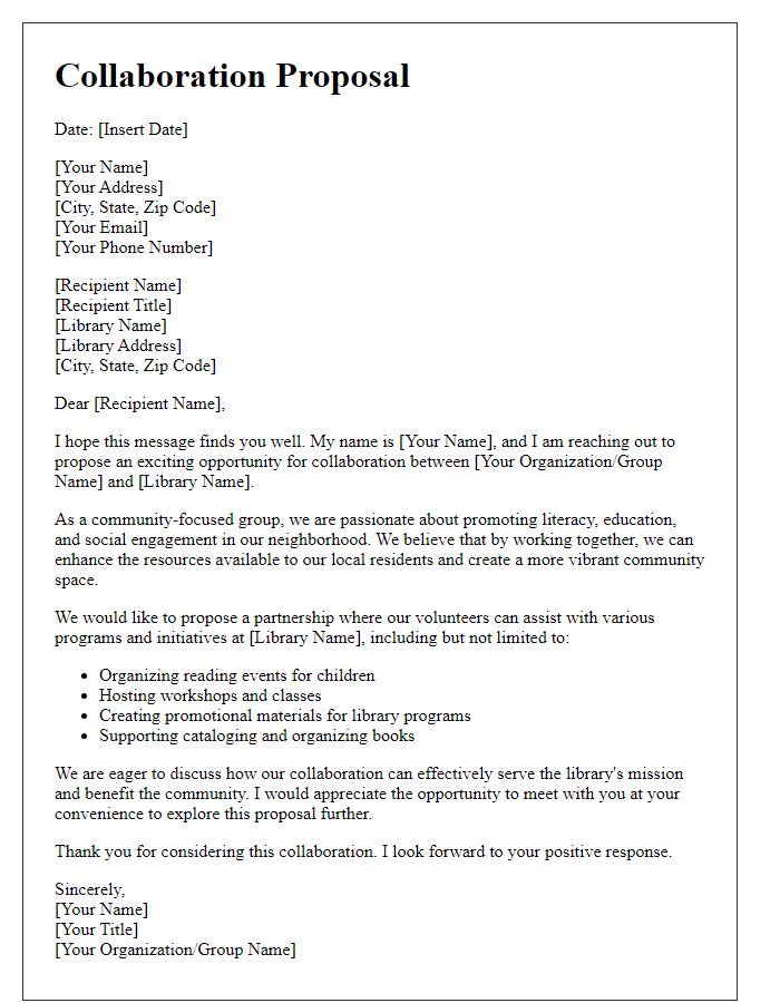 Letter template of collaboration proposal for community library volunteers.