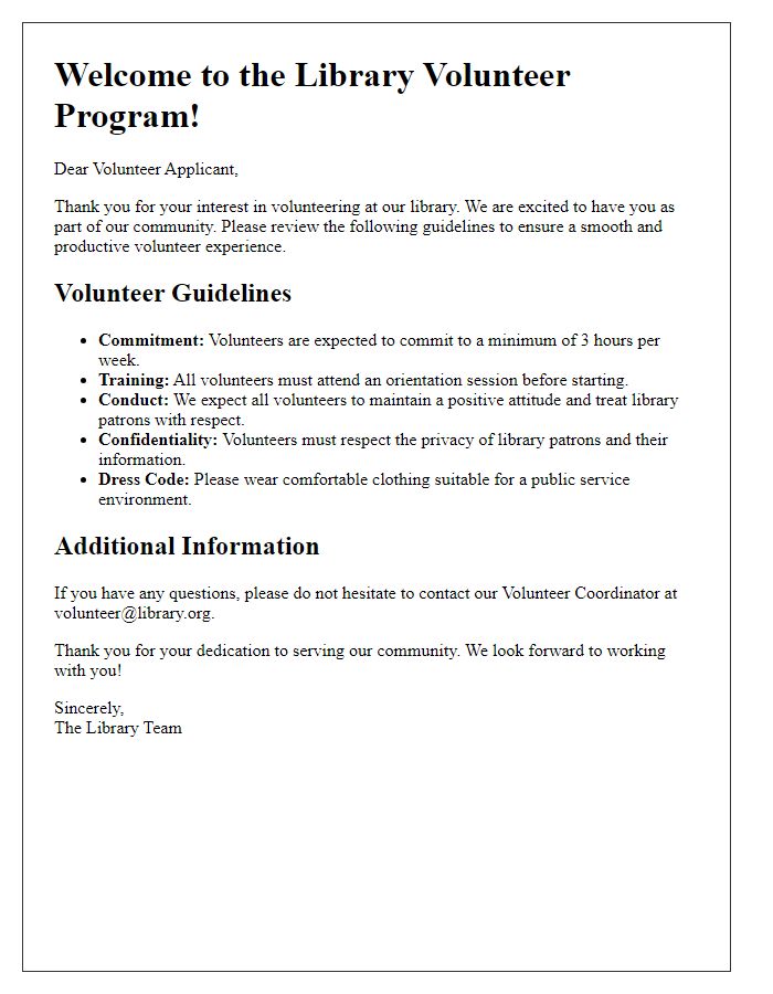 Letter template of guidelines for new volunteer library applicants.